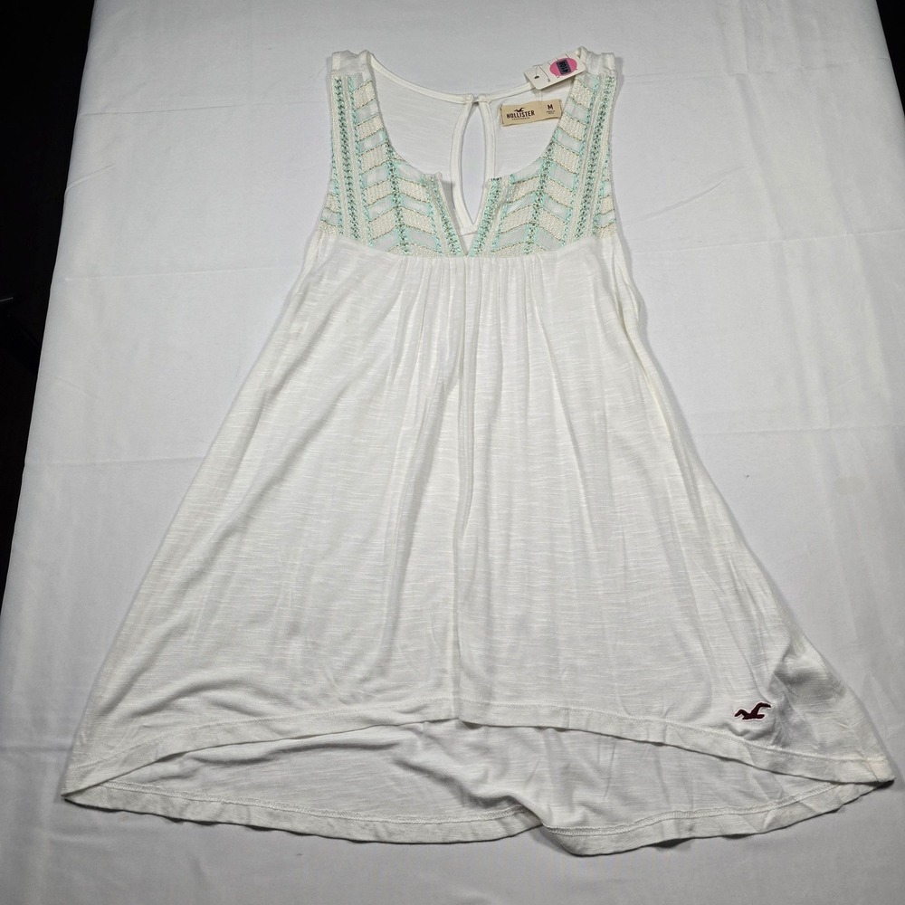 Cottagecore Boho Hollister Womens Tank Top White Embroidered‎ High Low  Medium